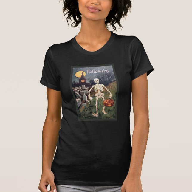 Vintage Look Skeleton Carrying Scary Pumpkin T-Shirt (Front)
