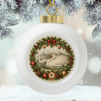 Vintage Look Swan n Baby Cygnets Custom Christmas Ceramic Ball Christmas Ornament