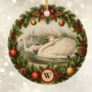 Vintage Look Swan n Baby Cygnets Custom Christmas Ceramic Ornament