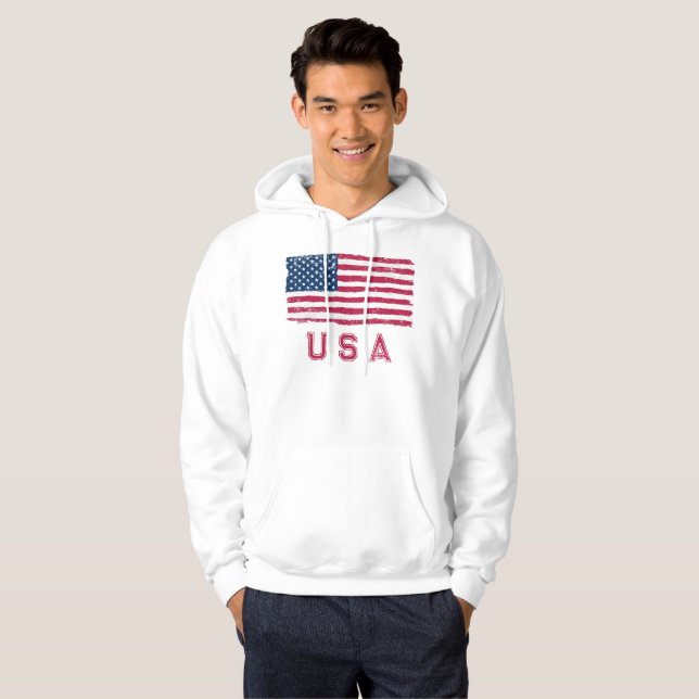 Vintage Look US Flag (Red Text) Hoodie (Front Full)