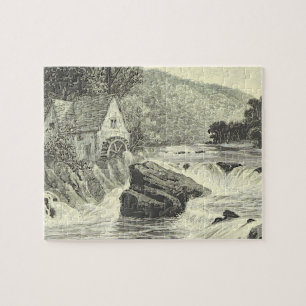 Vintage Look Waterwheel, Waterfalls Scene Puzzle