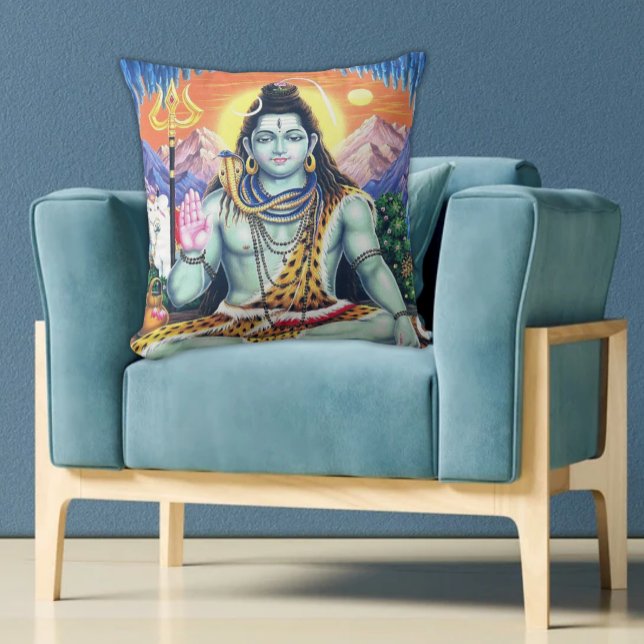 Vintage Lord Shiva Spiritual - Peaceful Samadhi Cushion (Vintage Lord Shiva with Trilusha Colorful Pillow on Aqua Chair, Hindu Diety)