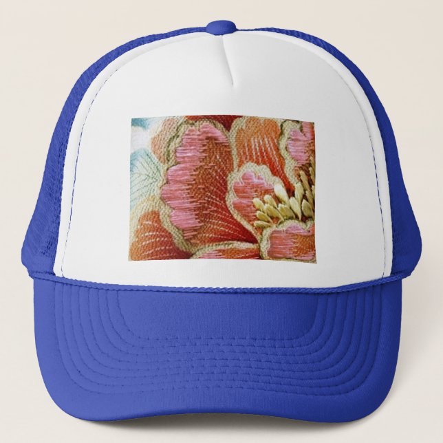 Vintage Lotus Flower Embroidered Texture Trucker Hat (Front)