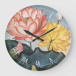 Vintage Lotus Flowers, The Sacred Egyptian Bean Large Clock