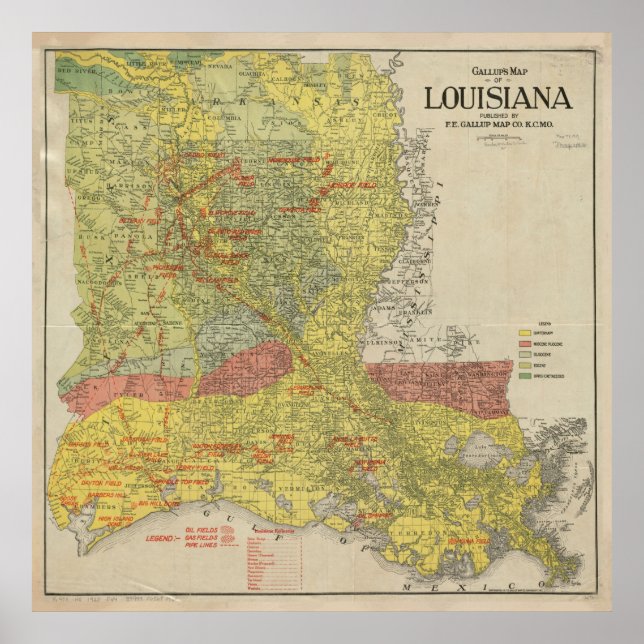 Vintage Louisiana Oil & Gas Fields Map (1920) Poster (Front)