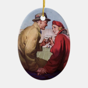 Vintage Love and Romance, Couple at Football Game Ceramic Tree Decoration