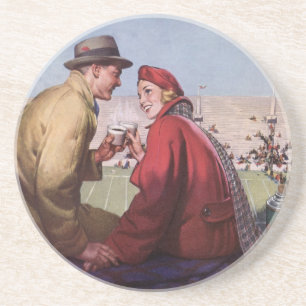 Vintage Love and Romance, Couple at Football Game Coaster