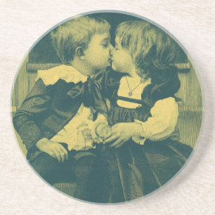 Vintage Love and Romance Photo, Children Kiss Coaster