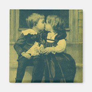 Vintage Love and Romance Photo, Children Kiss Magnet