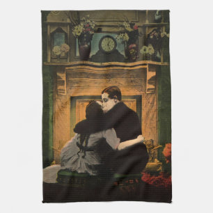 Vintage Love and Romance, Romantic Fireplace Kiss Tea Towel