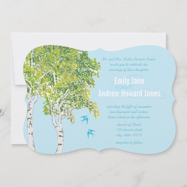 Vintage Love Bird Birch Tree Wedding Invitations (Front)