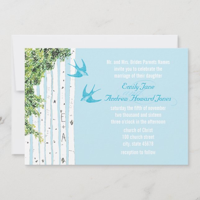 Vintage Love Bird Birch Tree Wedding Invitations (Front)