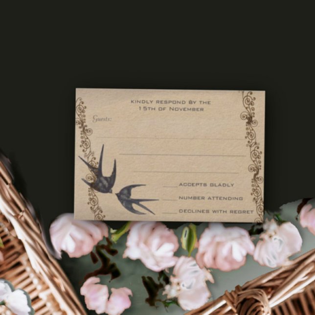 Vintage Love Bird Navy Wedding RSVP Card (Creator Uploaded)