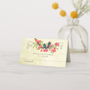 Vintage Love Birds Blue Pink Coral Green Wedding Place Card