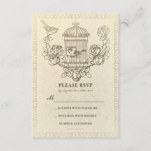 vintage love birds cage wedding RSVP cards