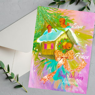 Vintage love birds Christmas new year greeting Holiday Card