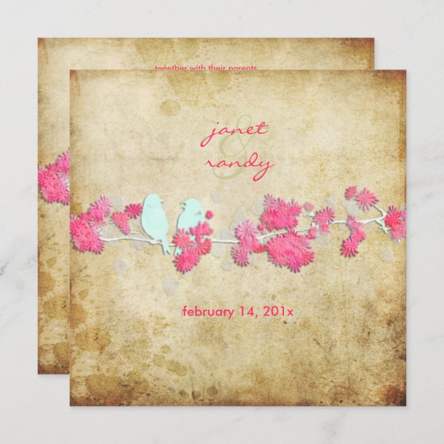 Vintage love birds/colourful blossoms invitation (Front/Back)