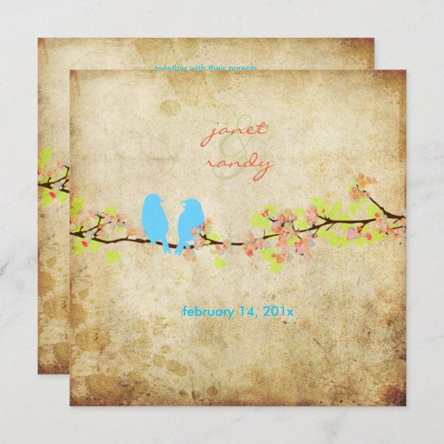 Vintage love birds/colourful blossoms invitation (Front/Back)