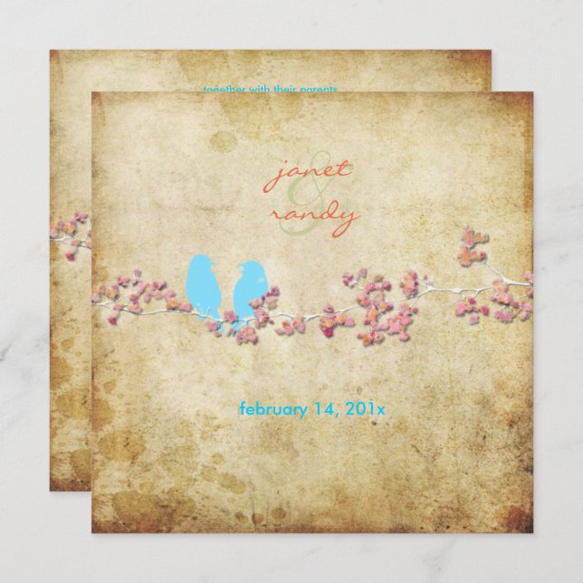 Vintage love birds/colourful blossoms invitation (Front/Back)