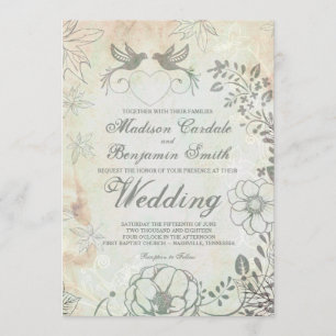 Vintage Love Birds Floral Wedding Invitations