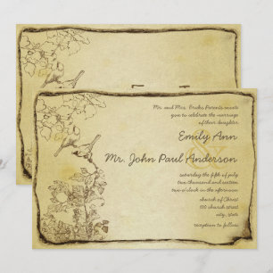 Vintage Love Birds Gold Parchment Wedding Invitation