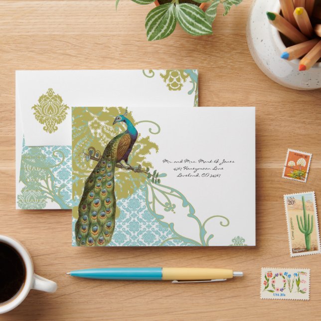 Vintage Love Birds Lagoon Damask RSVP Envelopes (Desk)