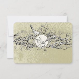 Vintage Love Birds Olive Musical Scroll Wedding  RSVP Card