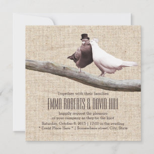 Vintage Love Birds on Branch Burlap Wedding Invitation