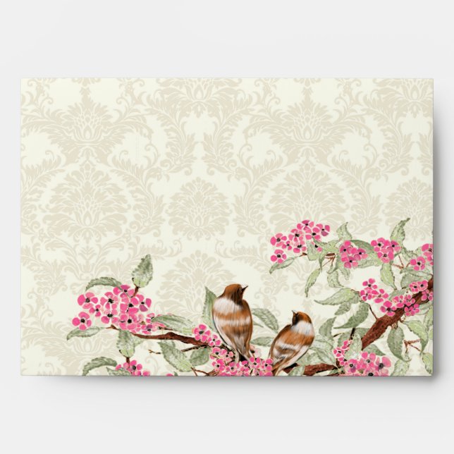 Vintage Love Birds Pink Flower Branch Envelopes (Front)