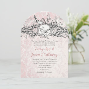 Vintage Love Birds Pink Oak Leaf Scroll Wedding Invitation