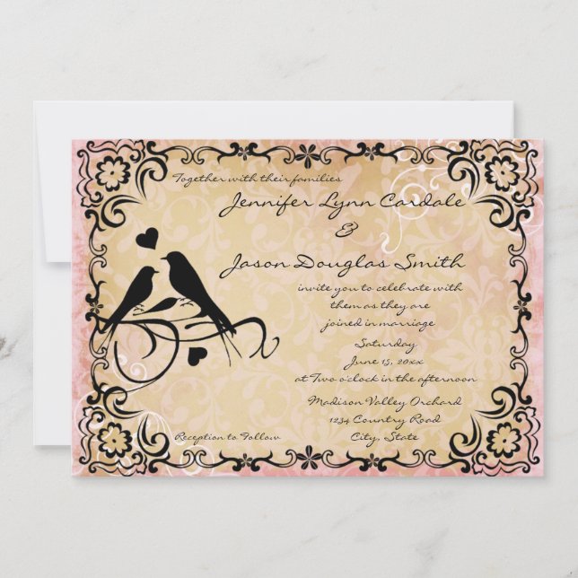 Vintage Love Birds Scroll Frame Wedding Invitation (Front)