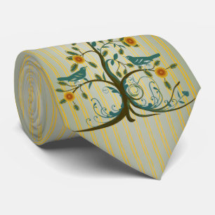Vintage Love Birds Swirl Tree Stripe Wedding Tie