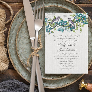 Vintage Love Birds Teal Purple & Green Wedding Invitation
