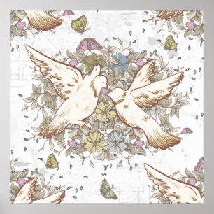 Vintage Love Birds, Two White Doves Floral Poster