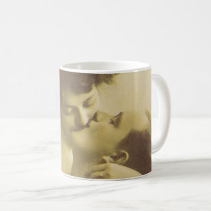 Vintage love couple kissing sepia illustration coffee mug