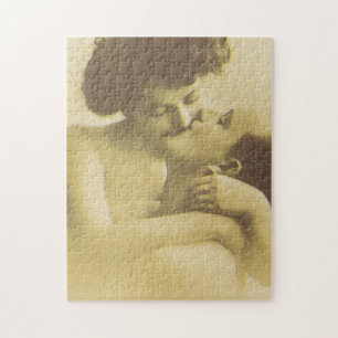 Vintage love couple kissing sepia illustration jigsaw puzzle