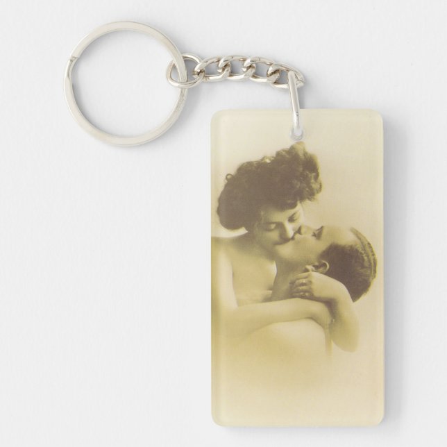 Vintage love couple kissing sepia illustration key ring (Front)