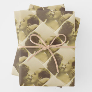 Vintage love couple kissing sepia illustration wrapping paper sheet