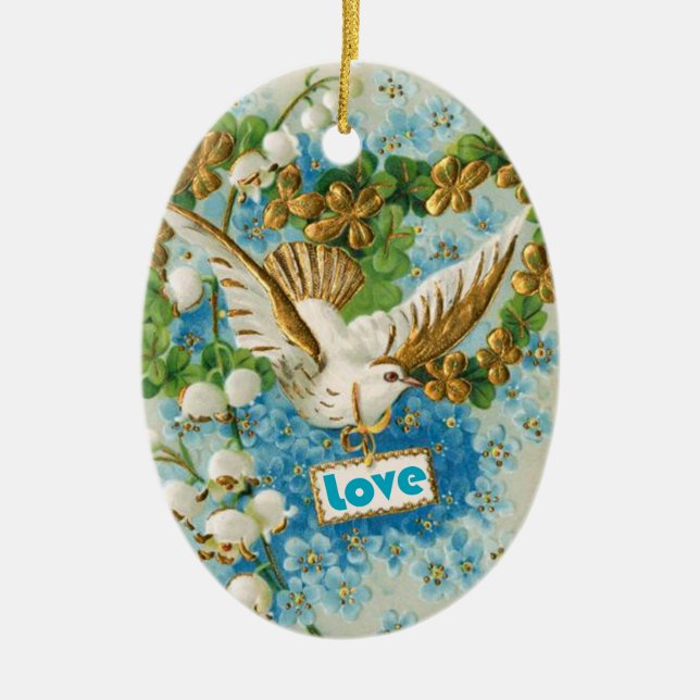 Vintage Love dove blue white flowers ornament (Front)