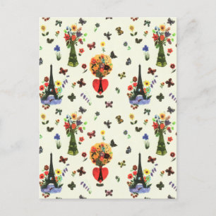 Vintage Love Floral Paris Eiffel Tower Butterfly Holiday Postcard