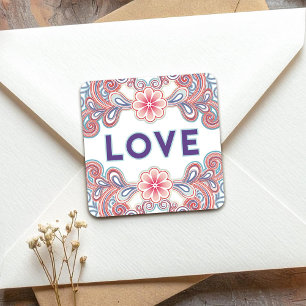 Vintage love flowers square sticker