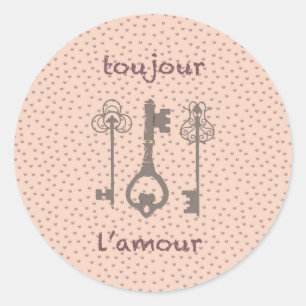 Vintage Love Hearts & French Keys Classic Round Sticker