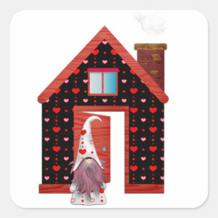 Vintage Love hearts gnome and his hearts house Square Sticker