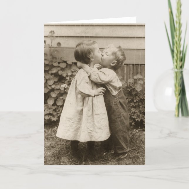 Vintage Love Photo of Children Kissing in a Garden Card (Front)