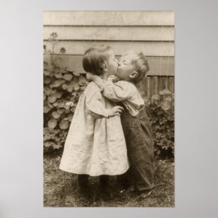 Vintage Love Photo of Children Kissing in a Garden Poster