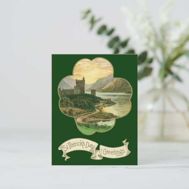 Vintage Lucky Gold Shamrock with an Irish Castle (Standing Front)