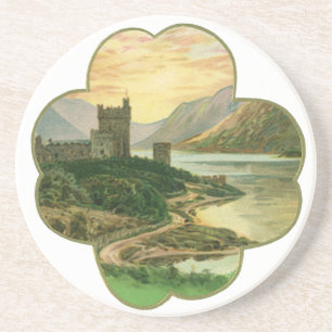 Vintage Lucky Gold Shamrock with an Irish Castle Coaster