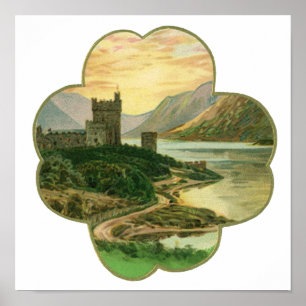 Vintage Lucky Gold Shamrock with an Irish Castle Poster