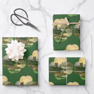 Vintage Lucky Gold Shamrock with an Irish Castle Wrapping Paper Sheet