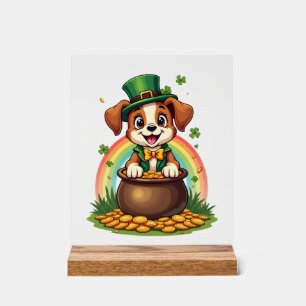 Vintage Lucky Leprechaun Puppy Rainbow Pot of Gold Acrylic Sign